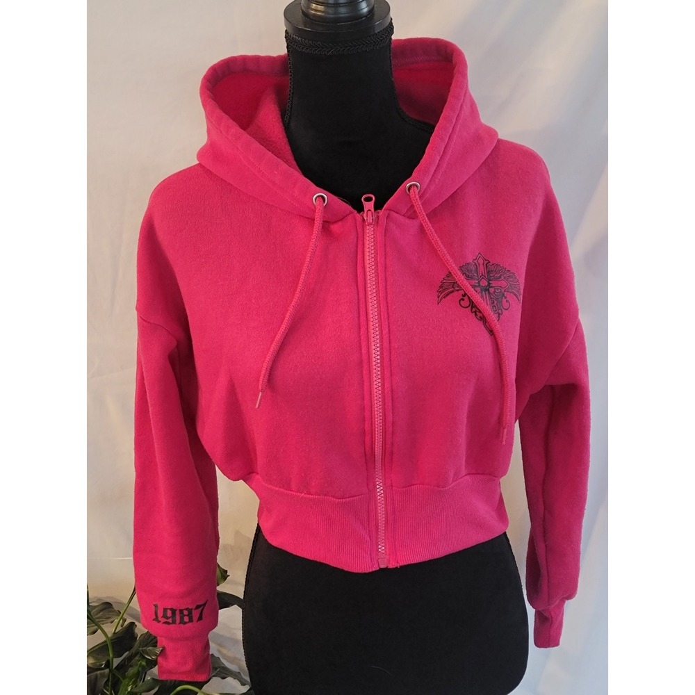 Orange Kiss Hot Pink Cropped Zip Up Hoodie Gothic Graphic‎ Forever 1987 Small